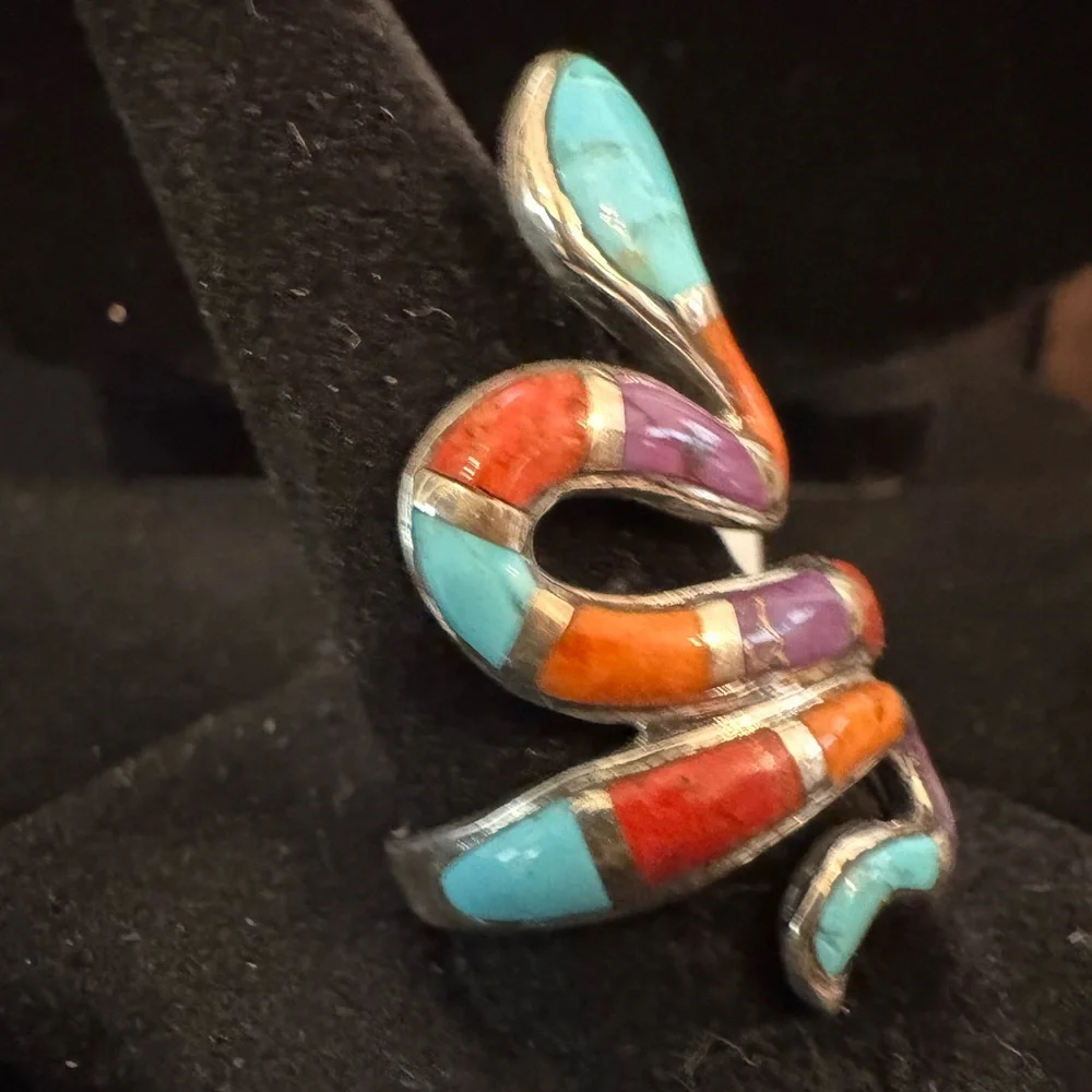 Native made Zuni Multicolor Turquoise Orange Purple Snake Ring - sterling silver - Picture 2 of 9
